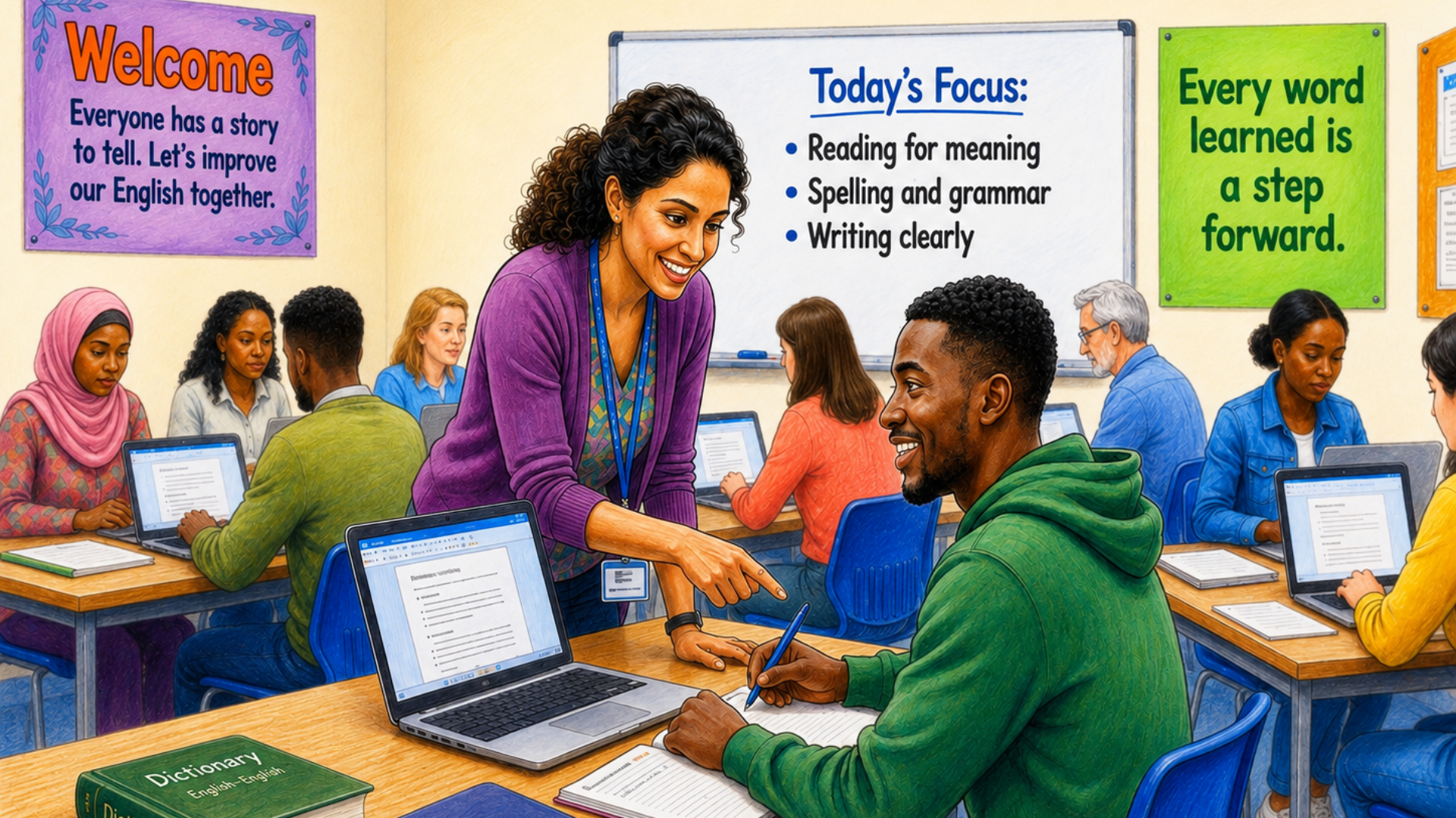 Adult learners practising Functional Skills English with their tutor