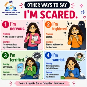 Other ways to say I am scared: I am nervous; I am frightened; I am terrified; I am worried.