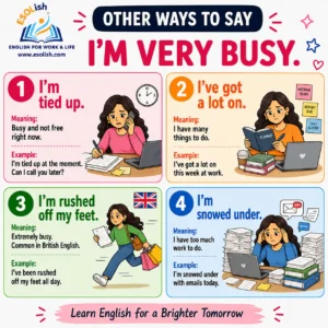 Other ways to say I am very busy: I am tied up; I have got a lot on; I am rushed off my feet; I am snowed under.