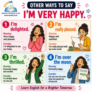Other ways to say I am very happy: I am delighted; I am really pleased; I am thrilled; I am over the moon.