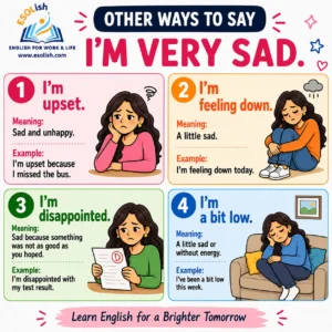 Other ways to say I am very sad: I am upset; I am feeling down; I am disappointed; I am a bit low.