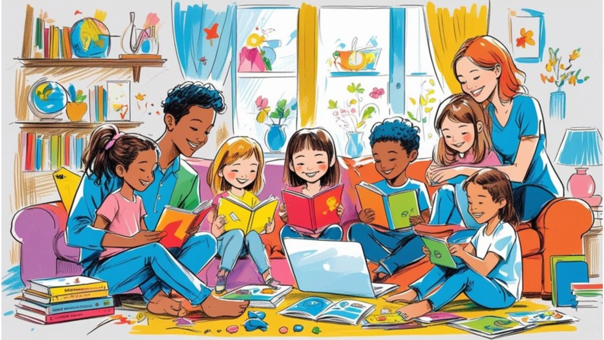 Parents and children learning together at home with books and a laptop