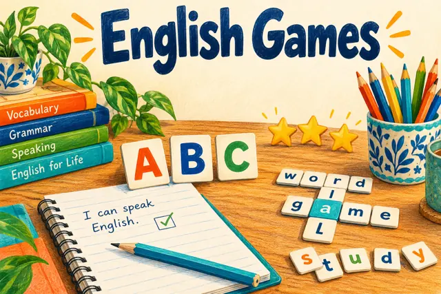English Games with colourful word tiles, books, pencils and stars