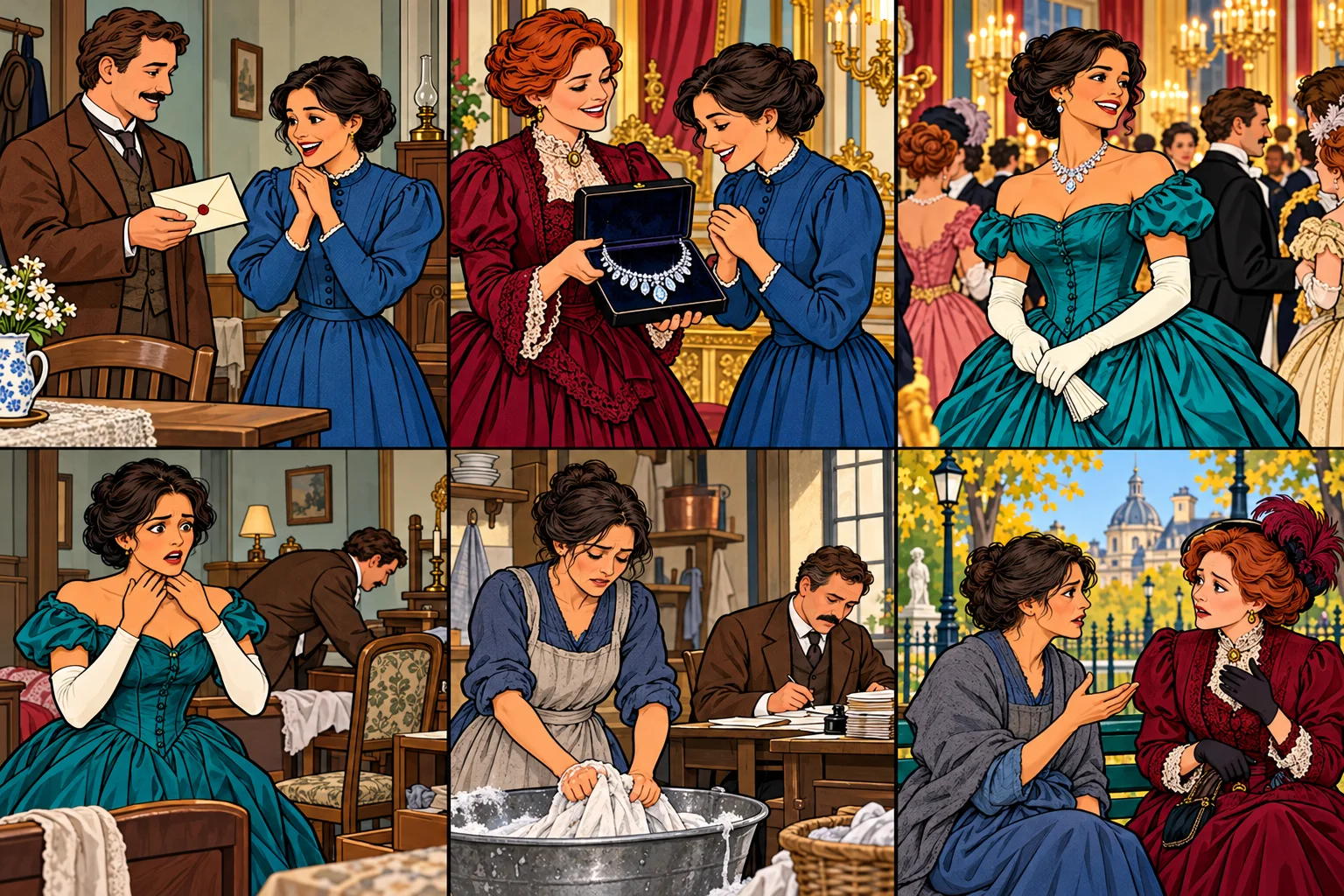 The Necklace: Mathilde’s husband gives her a party invitation in their modest home.
