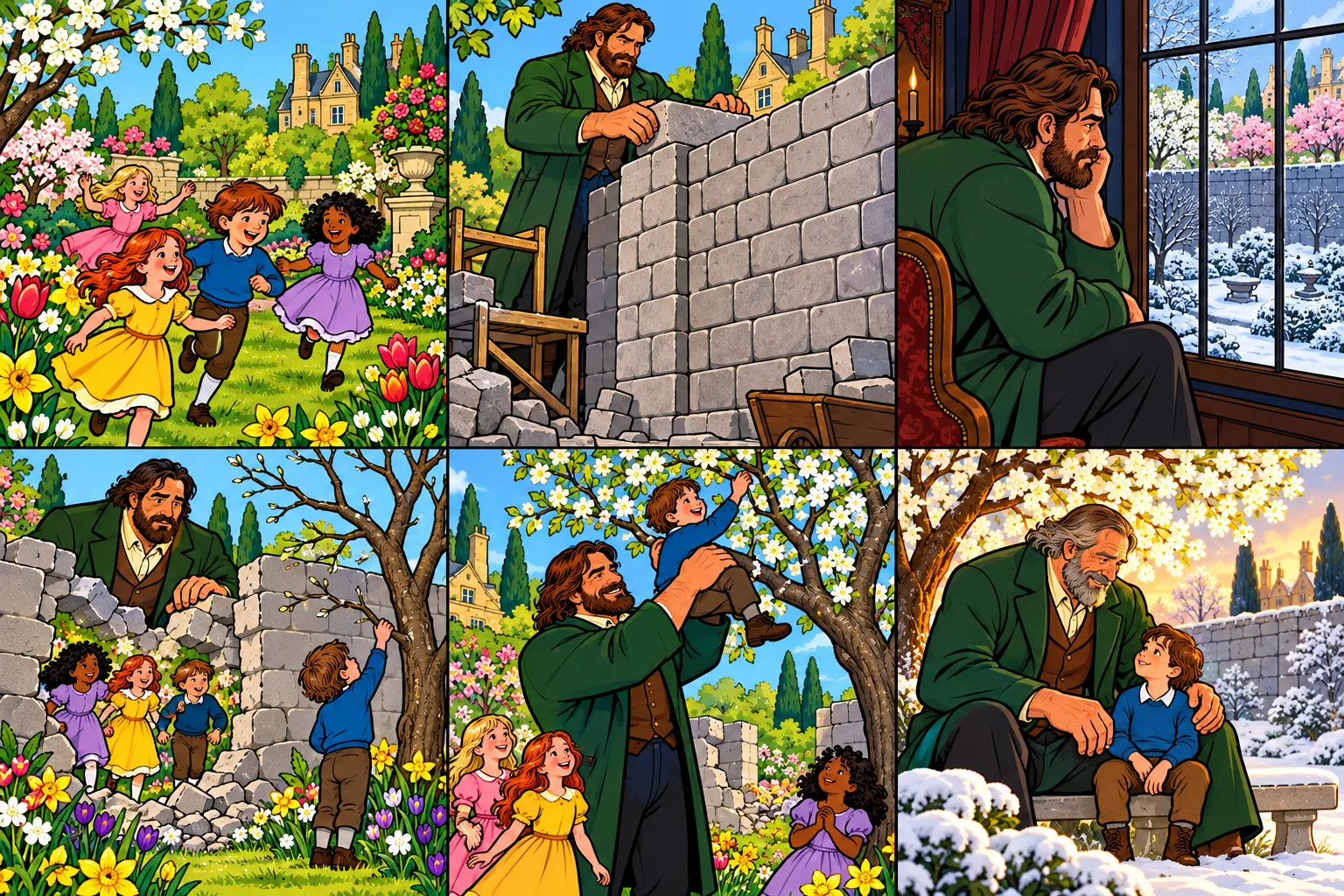 The Selfish Giant: Children playing in a flowering garden.