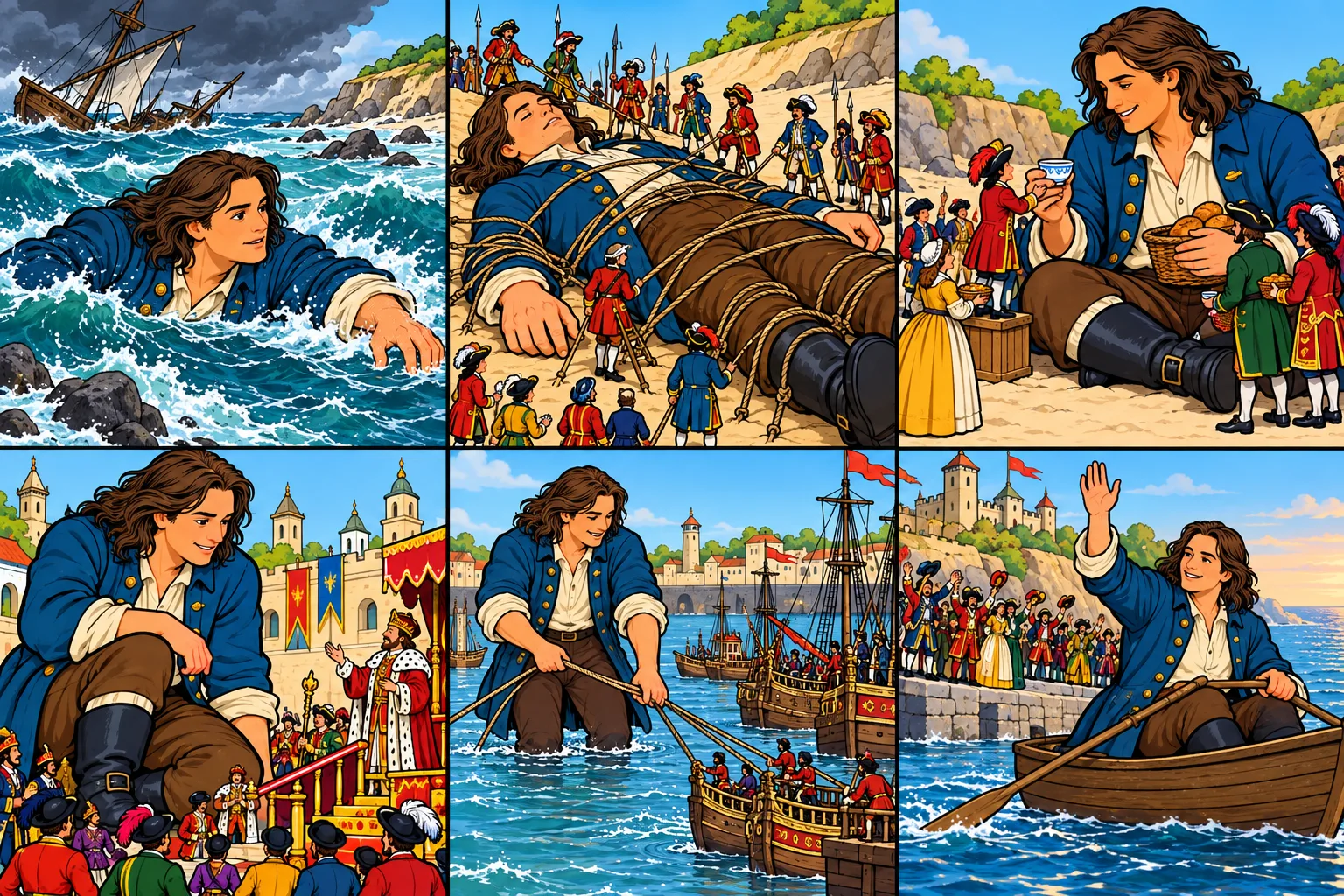 Gulliver in Lilliput: Gulliver swims towards an island during a storm.