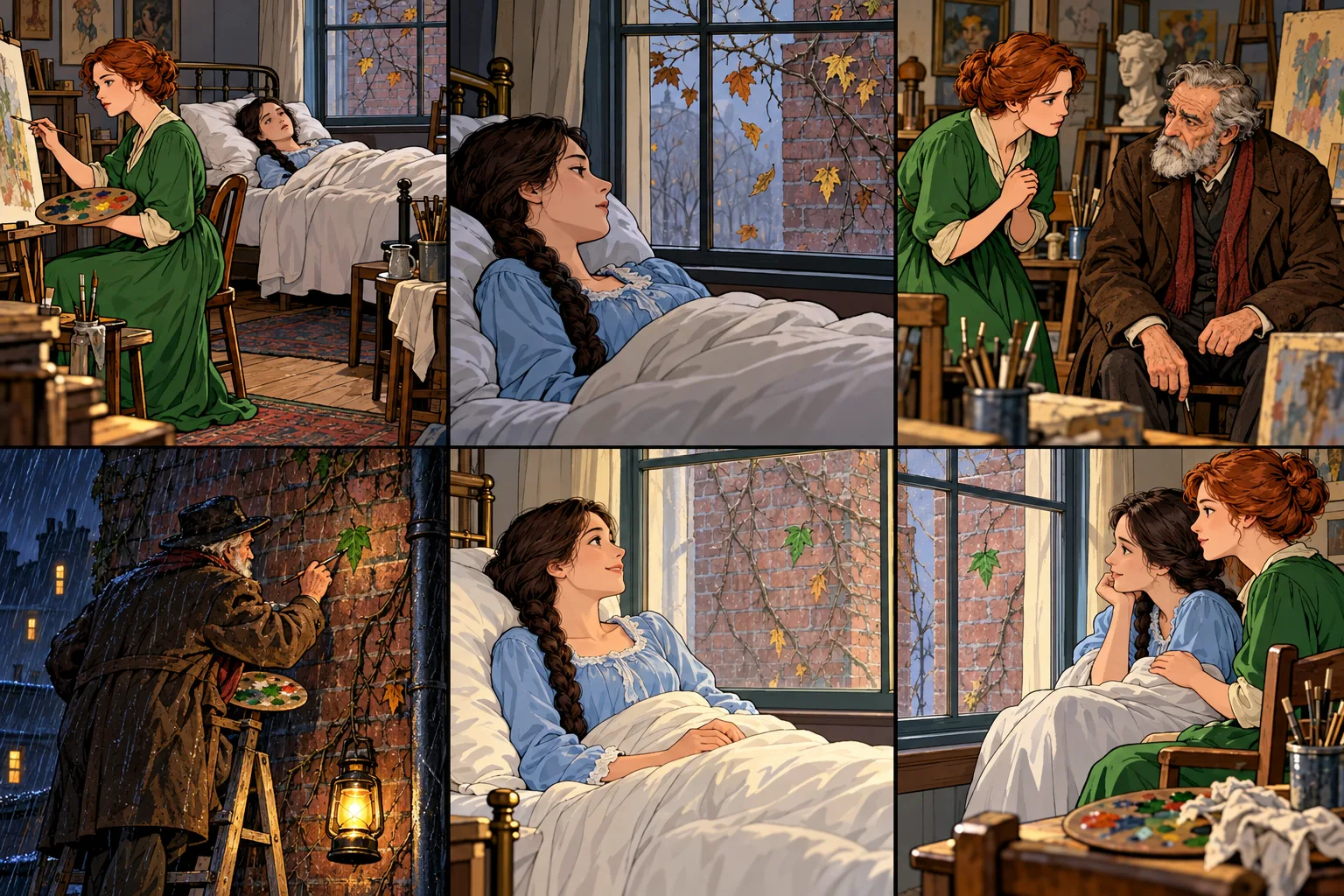 The Last Leaf: Sue paints while Johnsy rests in bed.